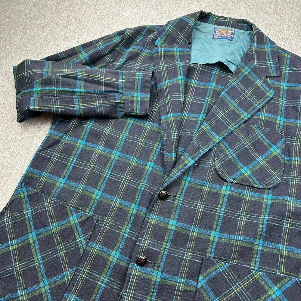 Vintage Pendleton Three Button Unstructured Wool Blazer Mens Large Blue Plaid